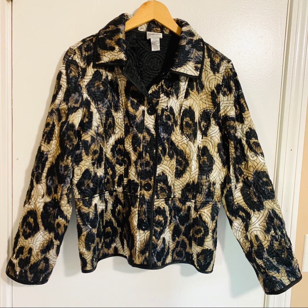 CHICO’S Leopard-ish print silk blend Jacket Size 1